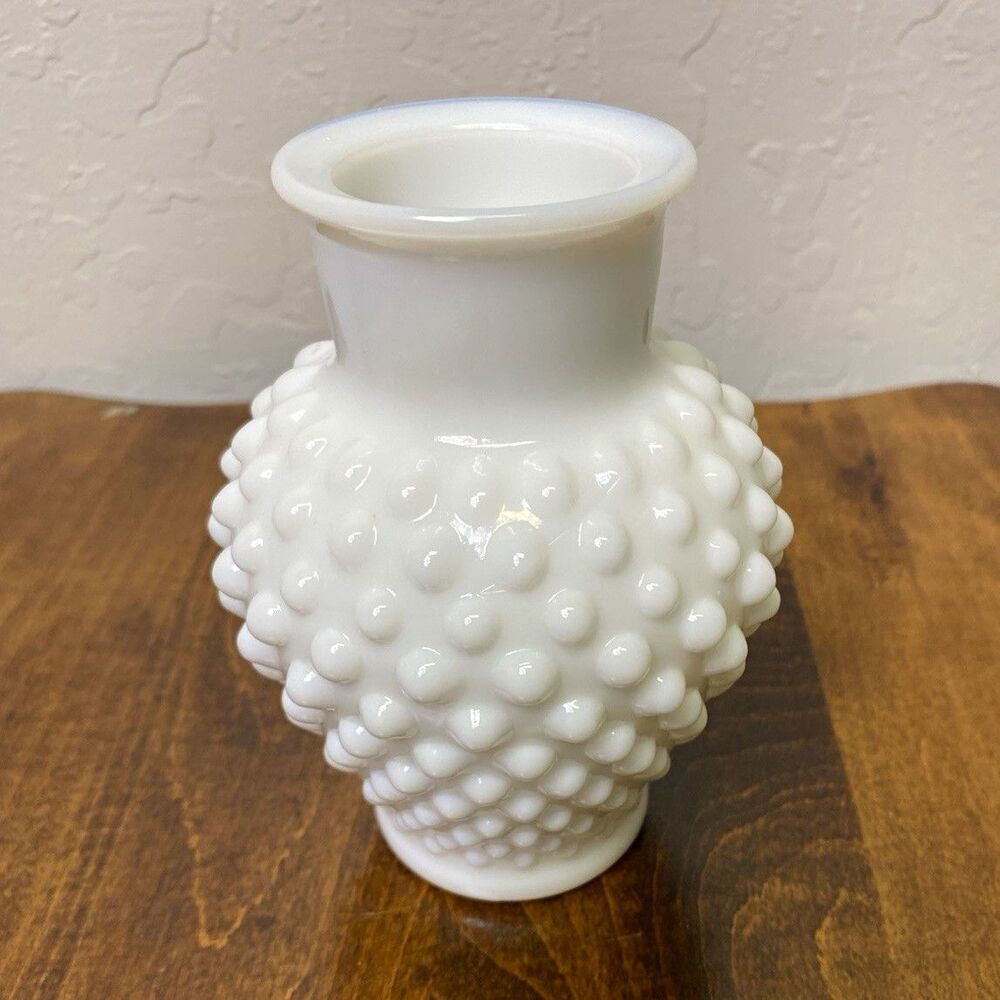 Vintage White Milk Glass Hobnail Vase Textured Pattern Glossy Opaque Finish Mid